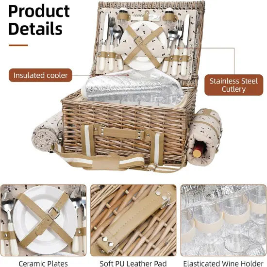 31Pcs Picnic Basket for 4 -Wicker Picnic Set with Waterproof Blanket & Wine Bag| Large Picnic Hamper with Insulated Cooler & Cutlery Kit for Couples Camping,Brown Flower,16x12x7.5inch {4}