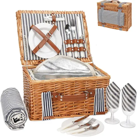 Wicker Picnic Basket for 2, Willow Hamper Basket with Large Insulated Cooler Compartment, Picnic Sets with Waterproof Picnic Blanket, Picnic Basket with 2 Person Kit for Camping, Hiking(Grey) {1}