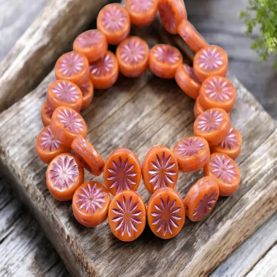 *15* 12mm Pink Washed Orange Opaline Aster Flower Coin Beads {4}