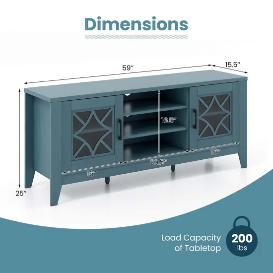 Costway TV Stand for TVs up to 65" with 3-Position Adjustable Shelves Tempered Glass Doors Black/Teal Blue {3}