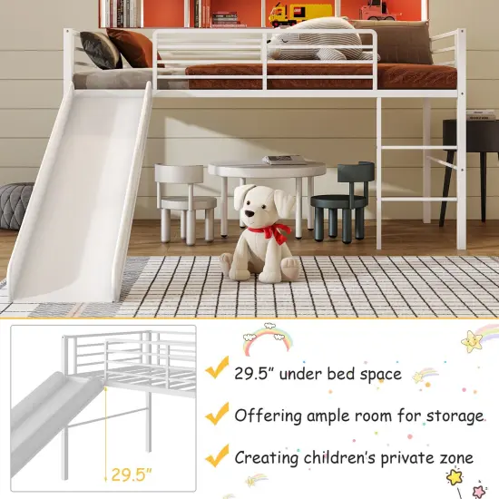 Twin Metal Loft Bed with Slide, Fun, Safe and Spacious White {4}