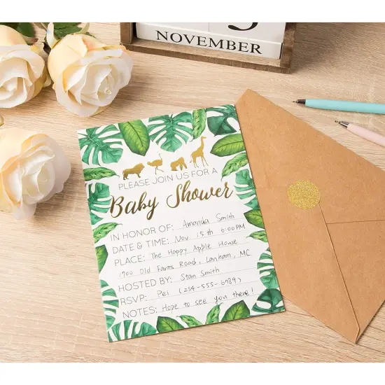 Baby Shower Invites - 36 Fill-in Baby Shower Invitations w/ Envelopes, Tropical Safari Animal Theme, Green Palm Leaves with Gold Foil Designs, Party Supplies for Baby Showers or Parties, 5 x 7 Inches {2}