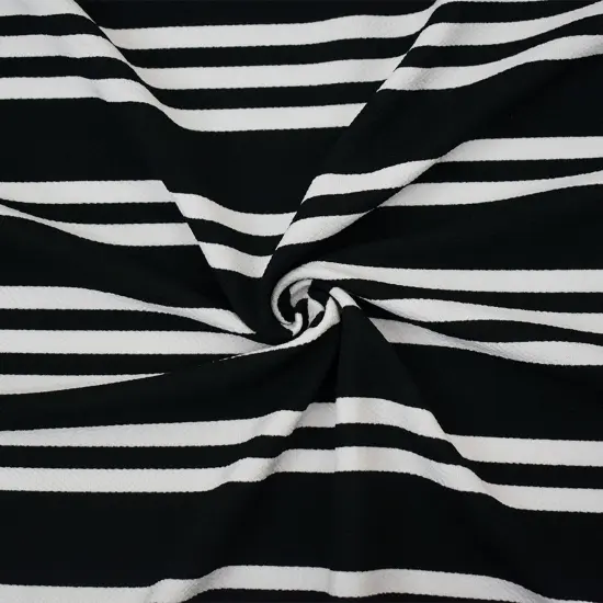Black-White Poly Cotton Stripe Print Stretch Crepe Double Knit Fabric By the Yard {1}
