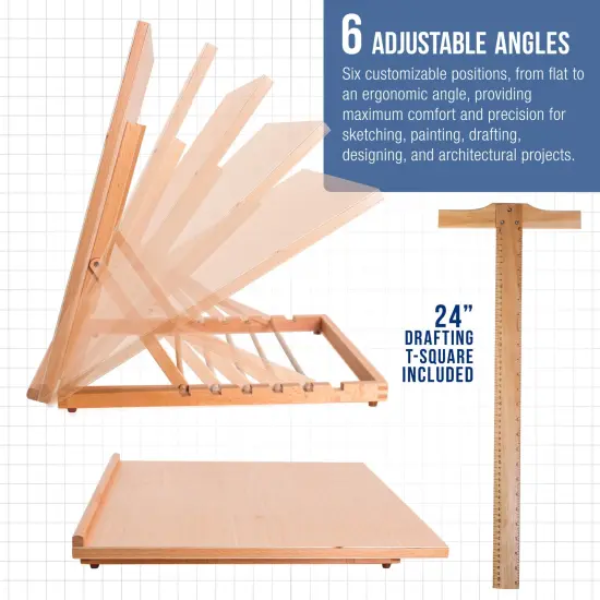X-Large 26" x 21" Adjustable Wood Art Drawing Board - 6 Angles, Beechwood Construction, Pencil Ledge, 24" T-Square - Ideal for Design, Drafting & Architecture Work {3}