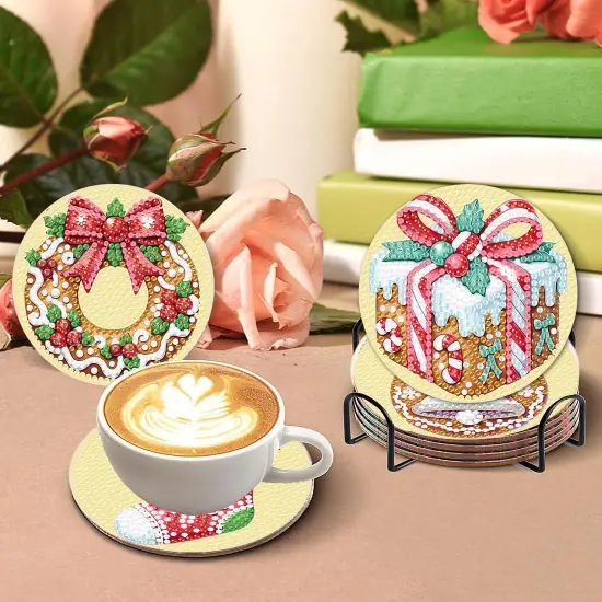 8 Pcs Christmas Diamond Art Coasters Kits with Holder, Gingerbread Snowman 5D DIY Diamond Pinting Coasters Acrylic Round Cup Coaster with Cork Pads for Tabletop Protection 10&times;10 CM {3}