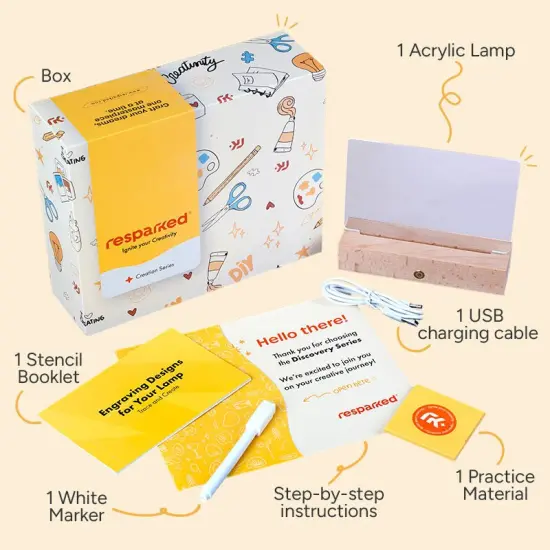 Resparked Creation Series Acrylic Lamp Crafting Kit &ndash; Personalized Engraving, Rechargeable Base, Step-by-Step Instructions, Stencils, and Practice Material for Home D&eacute;cor or Gift-Giving {6}