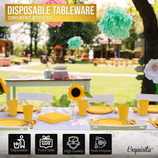 Exquisite 182 Pcs Plastic Plates for Party &ndash; Disposable Plates Set &ndash; 26 Each of 9" Dinner Plates, 7" Dessert Plates, Plastic Cups, Napkins & Plastic Cutlery &ndash; Plastic Dinnerware by Party Solids Yellow {4}