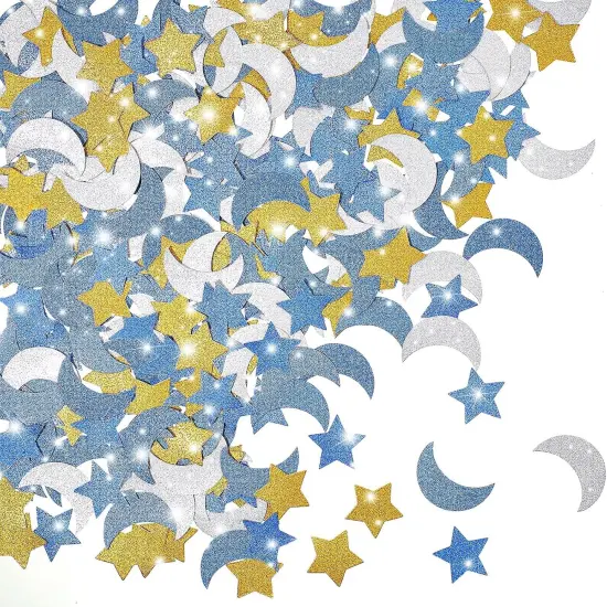 400 Pieces Glitter Star and Moon Paper Confetti Double Side Table Paper Confetti Sequin for Wedding Birthday Baby Shower Moon and Star Party Ramadan Mubarak Decor (Dark Blue, Light Blue, Gold, Silver) {1}