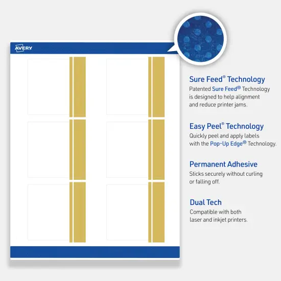 Avery Printable Square Labels, Gold Double-Dipped Edge, 3" x 3", Matte White Square Labels, Permanent, Laser/Inkjet, 60ct, Great for Product Labels {3}