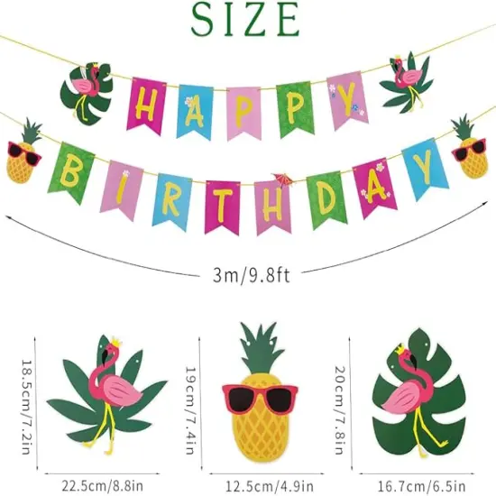 Tropical Happy Birthday Banner Colorful Hawaiian Luau Birthday Banner Flamingo Pineapple Palm Leaf Banner for Summer Birthday Party Decorations Supplies | Pre-Strung {3}