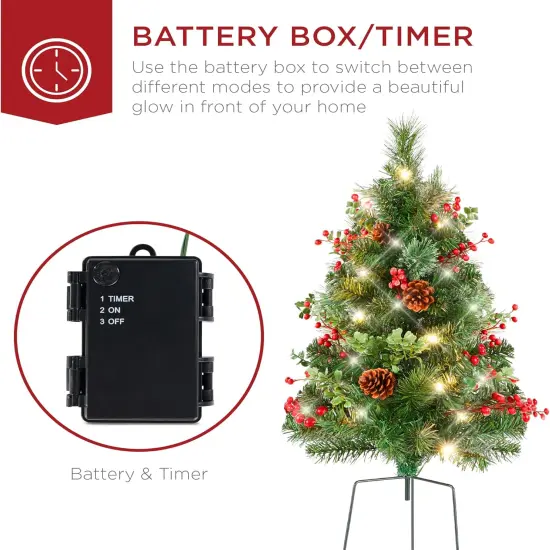24.5in Pre-Lit Outdoor Christmas Trees, Battery Operated Holiday Pair with LED Lights Green W/Berries {4}