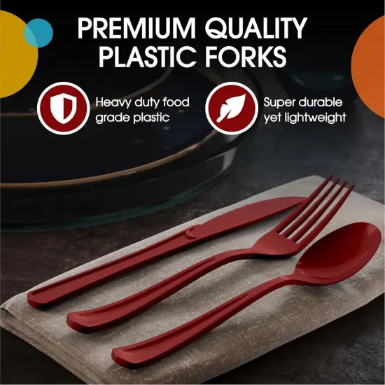 Exquisite Polished Plastic Silverware &ndash; 150 Pcs Heavy Duty Cutlery Set &ndash; 50 Each of Forks, Knives & Spoons &ndash; Disposable Utensil Set for Parties, Events & Catering &ndash; Flatware Set by Party Solids Burgundy {4}