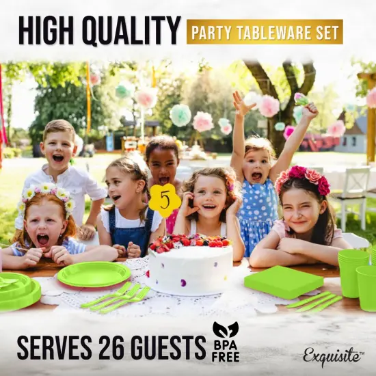 Exquisite 182 Pcs Plastic Plates for Party &ndash; Disposable Plates Set &ndash; 26 Each of 9" Dinner Plates, 7" Dessert Plates, Plastic Cups, Napkins & Plastic Cutlery &ndash; Plastic Dinnerware by Party Solids Lime {6}