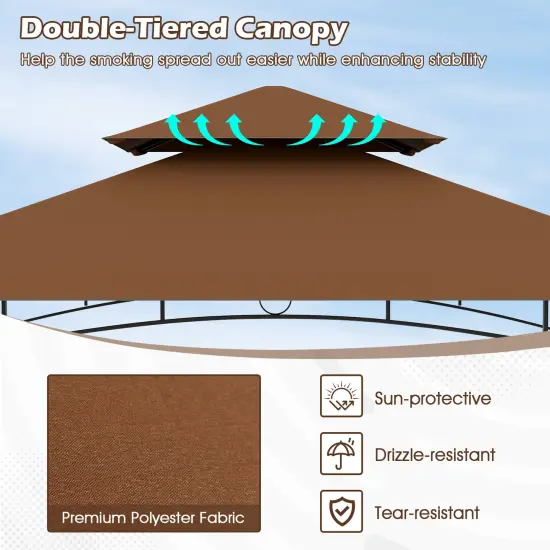 Multi-functional Outdoor Double-Tiered Grill Gazebo Canopy with 2 Side Shelves and 7 Hooks Coffee {6}