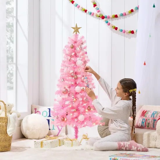 4ft Pre Lit Christmas Tree Mini Artificial Tree with Twinkling LED Lights for Bedroom or Apartment Pink {3}