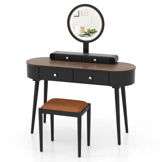 LED Lighted Vanity Table Set with Adjustable Mirror & Cushioned Stool Black-Brown {4}
