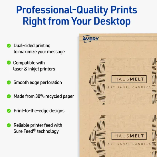 Avery Printable Geo Business Cards, Sure Feed Technology, 2" x 3-1/2", Matte Kraft Brown Cardstock, Print-to-The-Edge, Laser/Inkjet Printable, 80 Total {8}