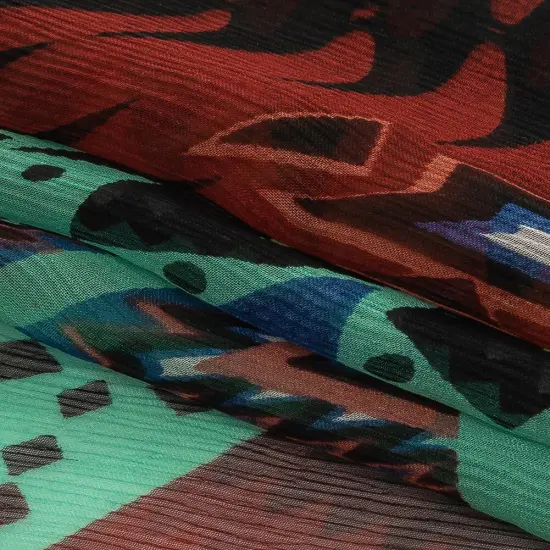 1 Yard Red Aqua Green Geometric Stripes Crinkled Silk Chiffon 44 inch Width {2}