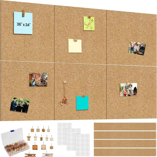 6 Pack Cork Boards 36" x 24" with 4 Frameless Cork Strips(Beige) {1}