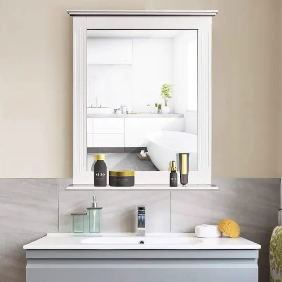 White MDF Wall Mounted Bathroom Mirror with Shelf and Grooved Frame {2}