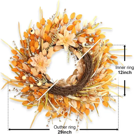 24 Inch Artificial Fall Autumn Wreath with Lotus Flowers {4}