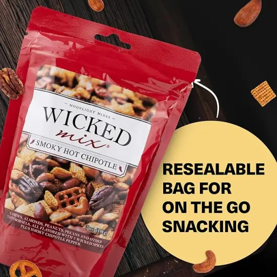 Wicked Mix Snack Mix with Mixed Nuts - Sweet and Salty Snacks Trail Mix Snack Packs with Almonds, Cashews, Pretzels, Pecans - Healthy Snacks Zero Trans Fat in Resealable Bag (Smoky Hot Chipotle, Pack of 3) {4}
