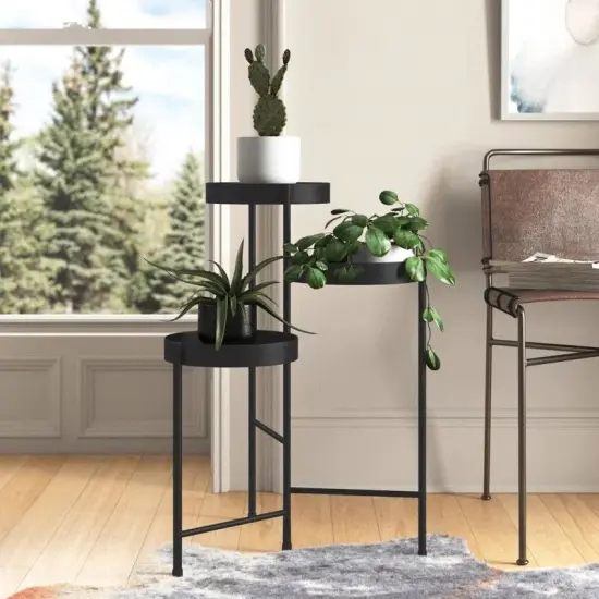Modern 3 Tier Metal Plant Stand with Rotating Trays Indoor Flower Pot Holder Fully Assembled Black {1}