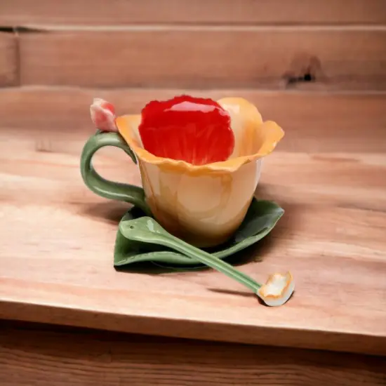 Ceramic Orchid Flower Cup and Saucer and Spoon-1 Set, Gift for Her, Gift for Mom, Gift for Friend or Coworker, Tea Party Décor, Café Decor {2}