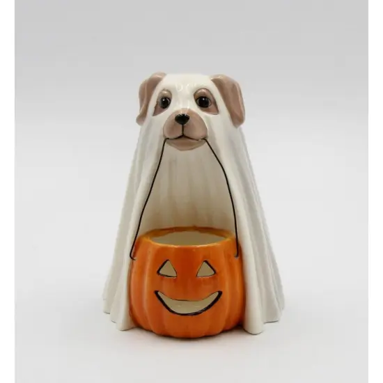 Ceramic Halloween Ghost Dog Holding Pumpkin Jack-O-Lantern T-light Candle Holder, Home D&eacute;cor, Gift for Her, Gift for Mom, Dog Lover Gift {3}