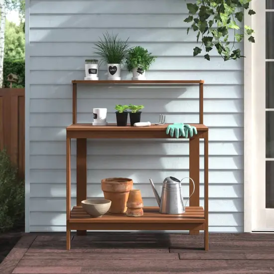 Outdoor Potting Bench Table with Solid Wood Construction and Shelf {4}