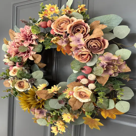 24" Fall Wreath for Front Door, Handmade with Faux Dahlia Camellia Sunflower {3}