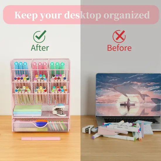Spacrea Pen Holder Desk Organizer - Desk Organizers and Accessories, Pencil Holder with 10 Compartments and 1 Drawer（Pink） {4}