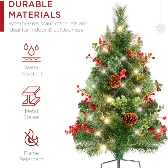 24.5in Pre-Lit Outdoor Christmas Trees, Battery Operated Holiday Pair with LED Lights Green W/Berries {3}