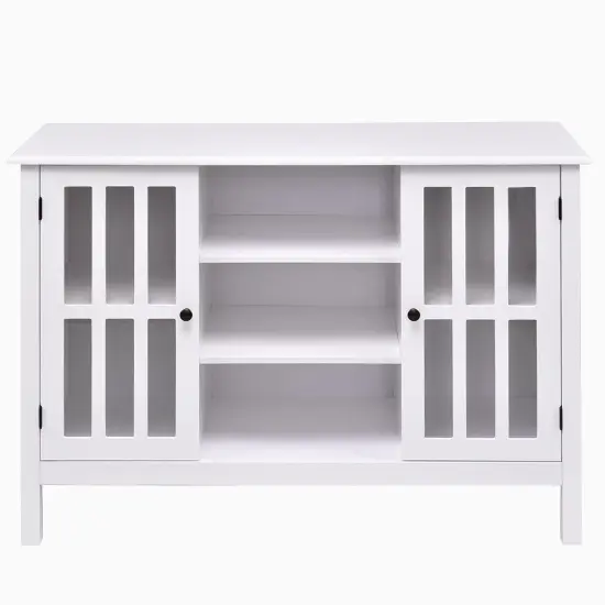 White 43-inch TV Stand with Glass Doors and Storage Shelves {1}