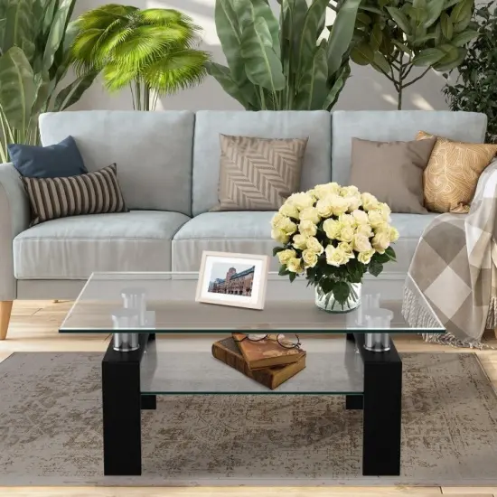 Modern 2 Tier Storage Coffee Table with Black Metal Legs and Tempered Glass Top for Living Room {3}