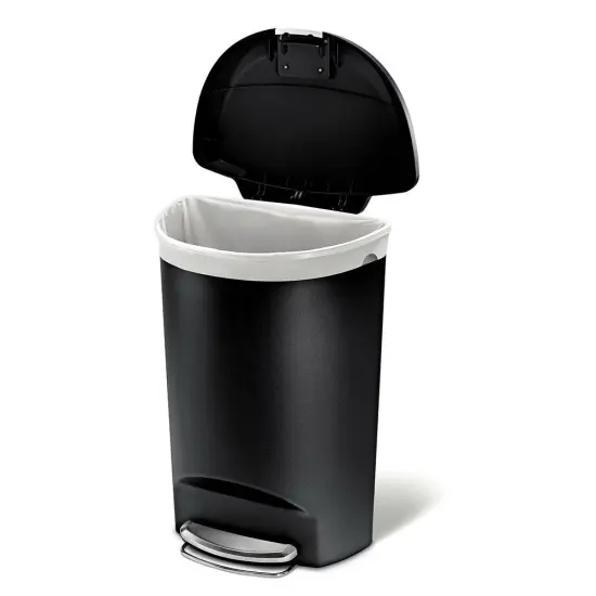 Black Plastic Semi-Round Trash Can with Foot Pedal and Slow Close Lid {1}