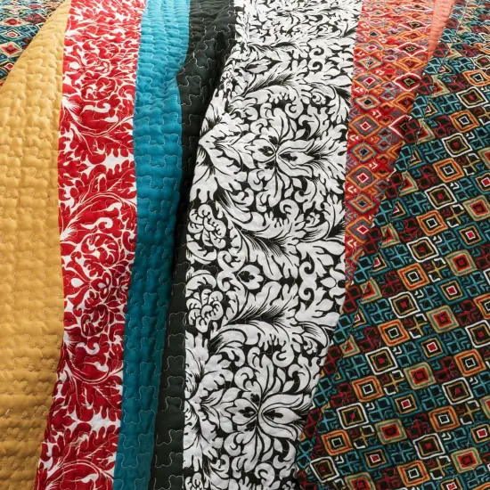 King size 3-Piece Quilt Set in Modern Colorful Stripe Geometric Floral Pattern {3}