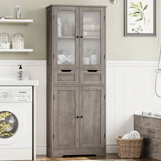 Farmhouse Bathroom Linen Cabinet with Storage Drawers in Grey Taupe Wood Finish {4}