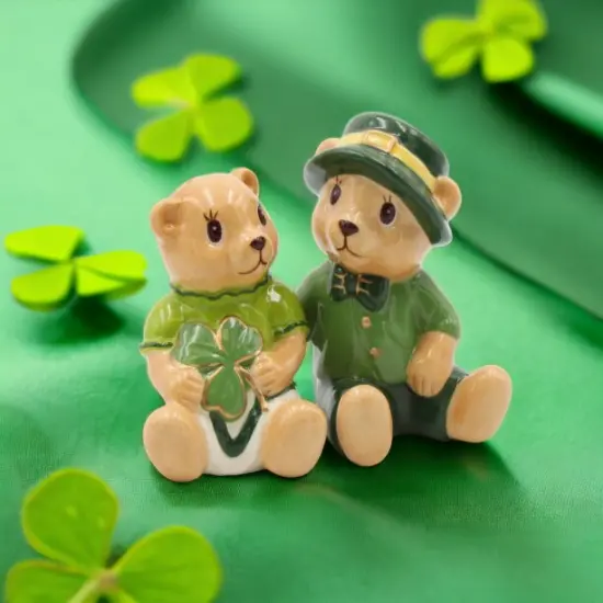 Ceramic Irish Teddy Bear Couple with Shamrock Salt and Pepper, Gift for Her, Gift for Mom, Kitchen D&eacute;cor, Irish Saint Patrick&rsquo;s Day D&eacute;cor {1}