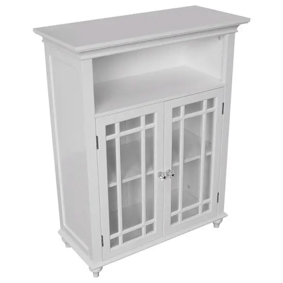 Classic White Wood 2-Door Bathroom Floor Cabinet with Glass Paneled Doors {1}