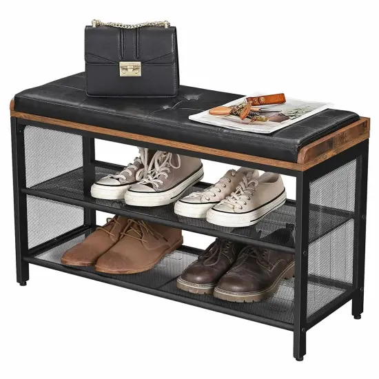 Black Metal-Wood Shoe Bench with Cushioned Seat and 2 Adjustable Shelves {2}