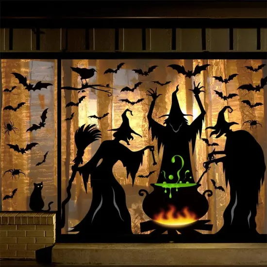 Extra Large 3 Witches with Black Cat and Spider Halloween Window Stickers (4 Sheets) {1}