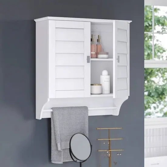 White Wood Wall-Mounted Bathroom Medicine Cabinet with Louver Doors and Towel Bar {2}