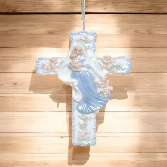Ceramic Madonna with Baby Jesus on Cross Wall Decor, Religious Gift or Decor, Baptism Gift {2}