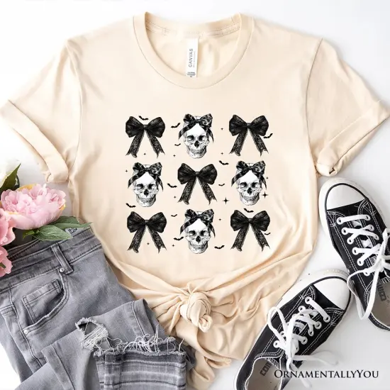 Coquette Skulls and Bows T-Shirt, Gothic Halloween Tee for Stylish Women {7}