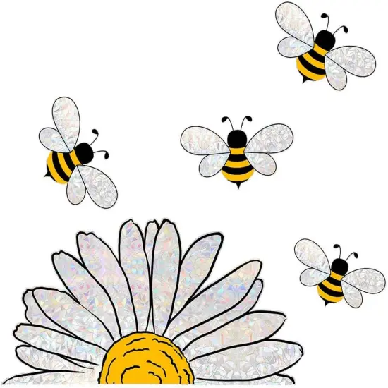 5pcs Bee Sunflower Window Stickers - Double-Side Glass Decals (White) {5}