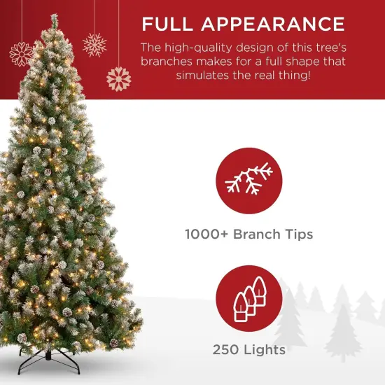 Pre Lit Pre Decorated Pine Artificial Christmas Tree Frosted 1,000 Tips with Pine Cones, 250 Lights & for Indoor Holiday Decor {5}