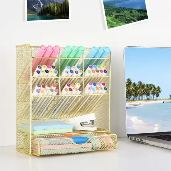 Spacrea Mesh Pen Organizer - Pencil Holder for Desk, Desk Organizer with Drawer for School, Home, Art Supplies (Gold) {6}