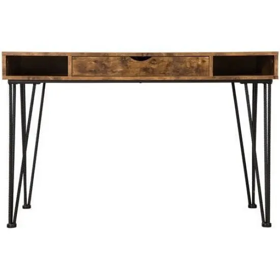 Rustic Brown Wood and Metal Writing Desk with Drawer and Hairpin Legs {1}