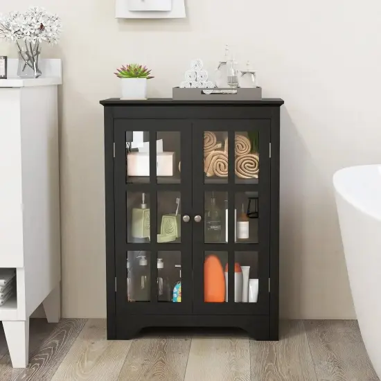 Black Bathroom Linen Cabinet with Glass Doors Adjustable Shelves Freestanding MDF Storage Organizer {3}